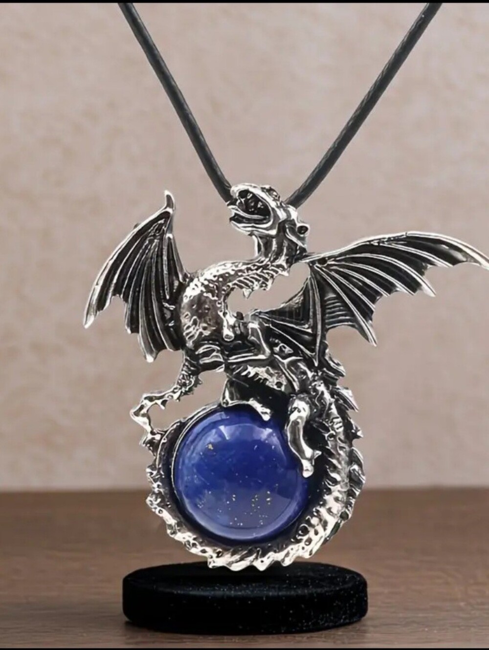 Pendant Necklace Featuring a Lapis Lazuli Natural Stone Pterosaur Alloy Charm